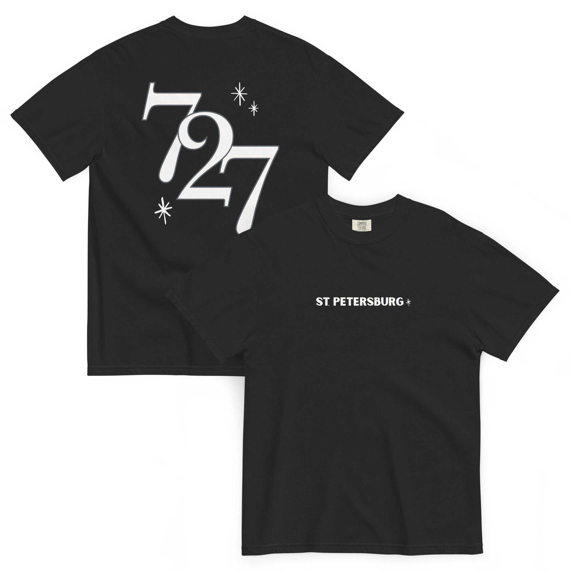 Black shirt with "727" in large text on the back and "St. Petersburg" on the front center
