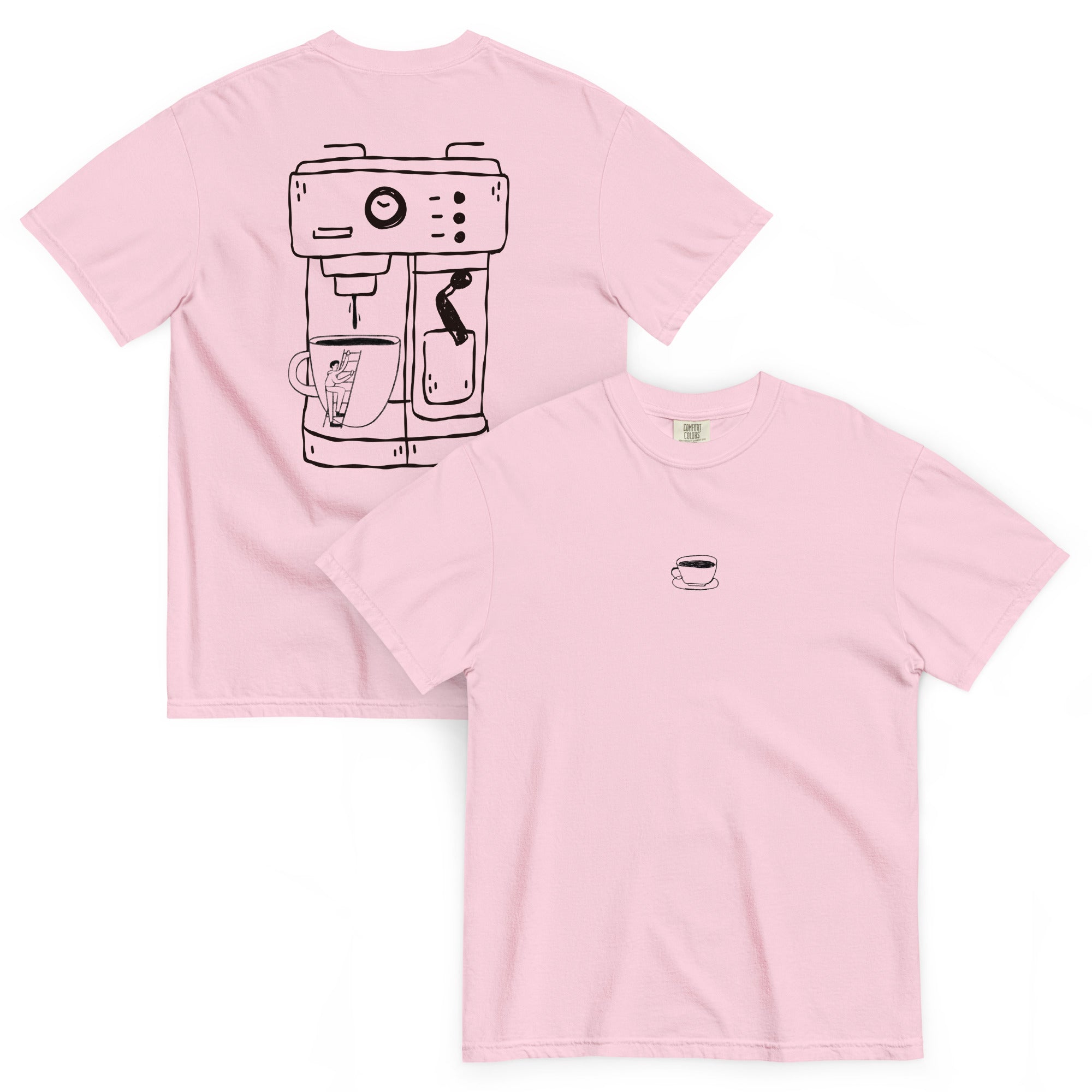 Pink t-shirt with a coffee machine graphic on the back and a small coffee cup graphic on the front.