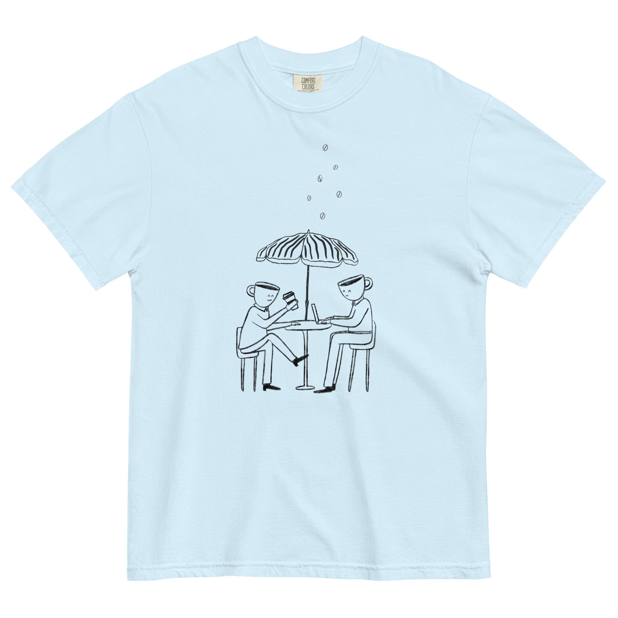 Sketched image of two people sitting at a table with coffee cup heads while it is raining espresso beans