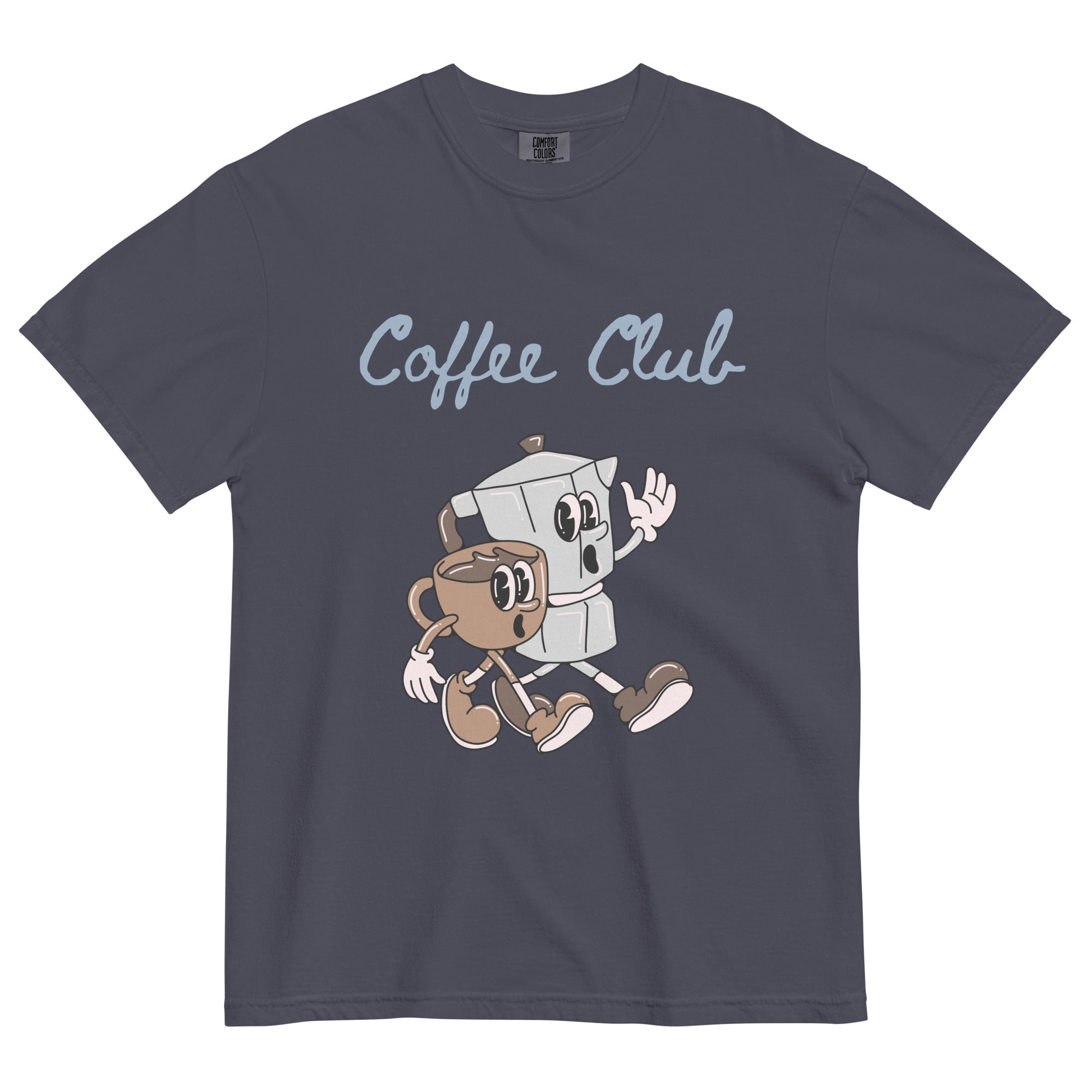 Navy blue t-shirt with a cartoon coffee cup and 'Coffee Club' text on a white background