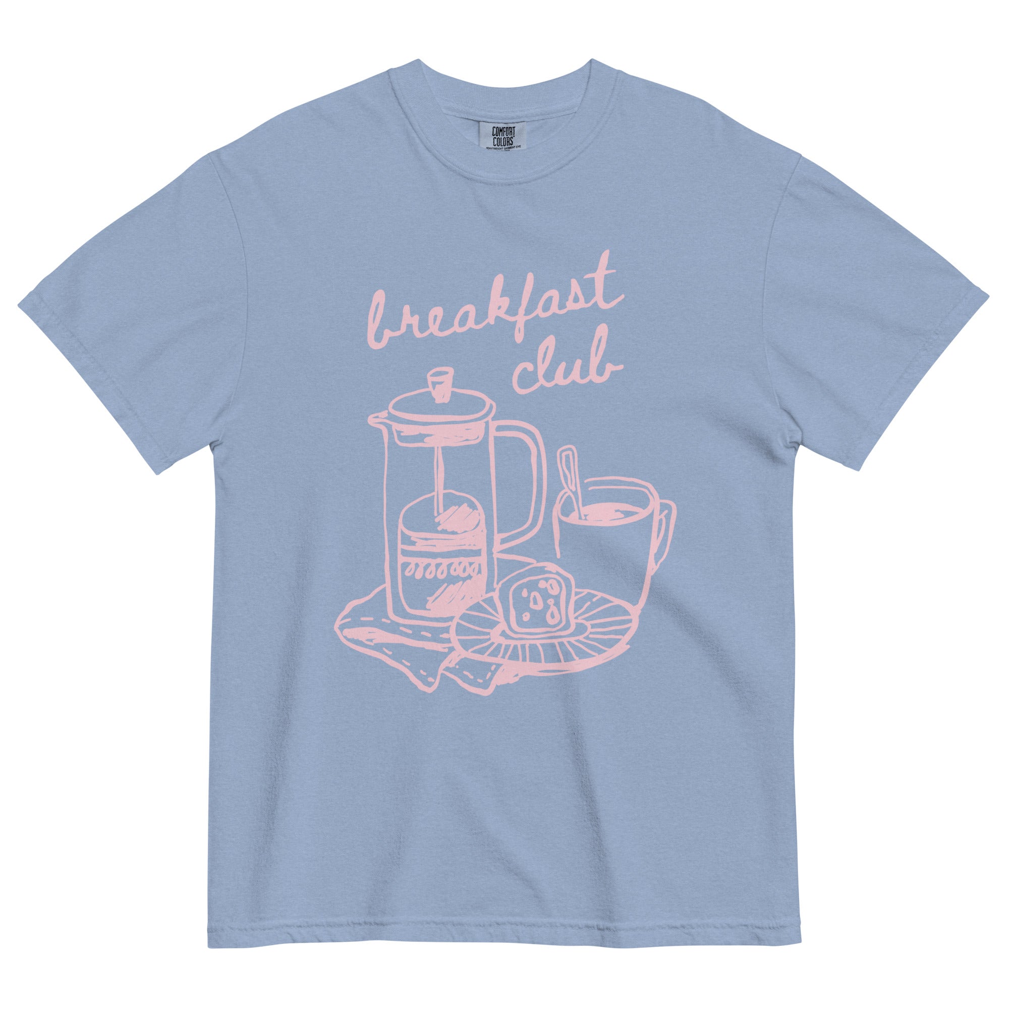 Light blue t-shirt with 'breakfast club' graphic design on a white background