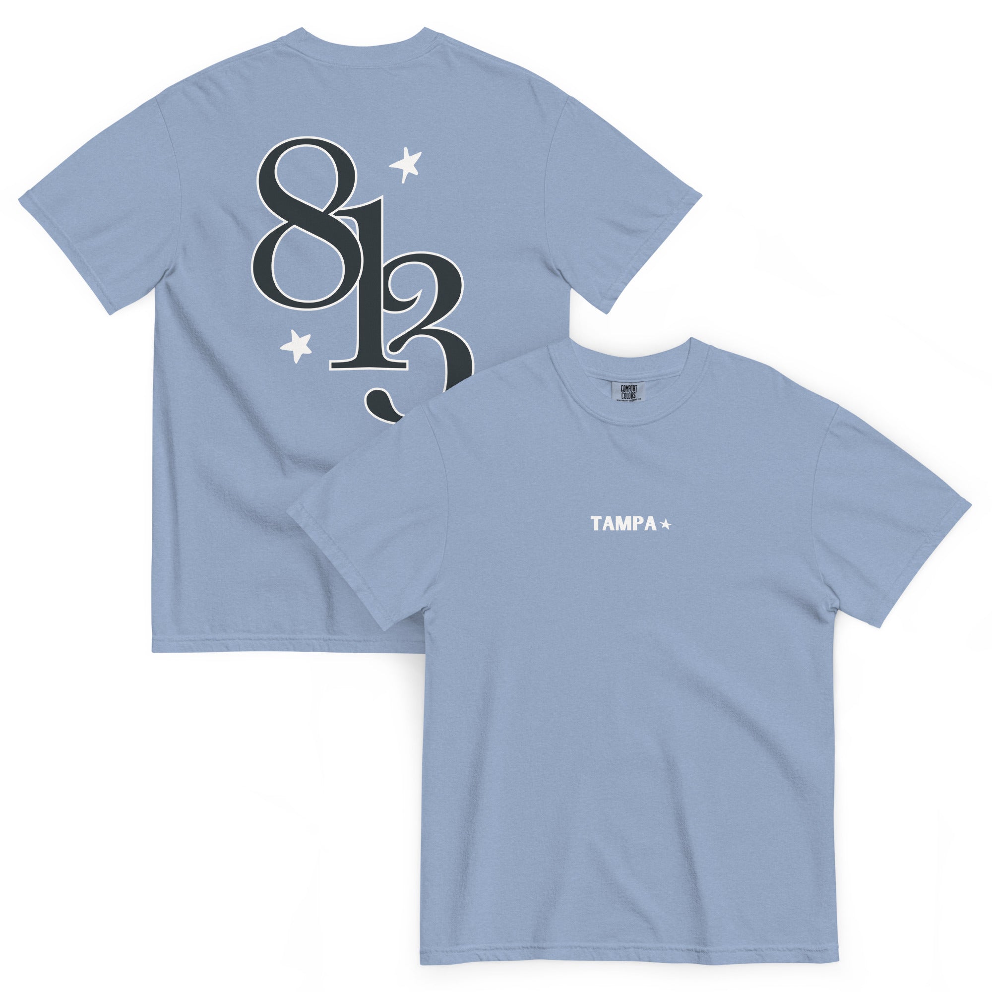 Light blue t-shirt with a stylized "813" on the back and 'Tampa' text on the front center