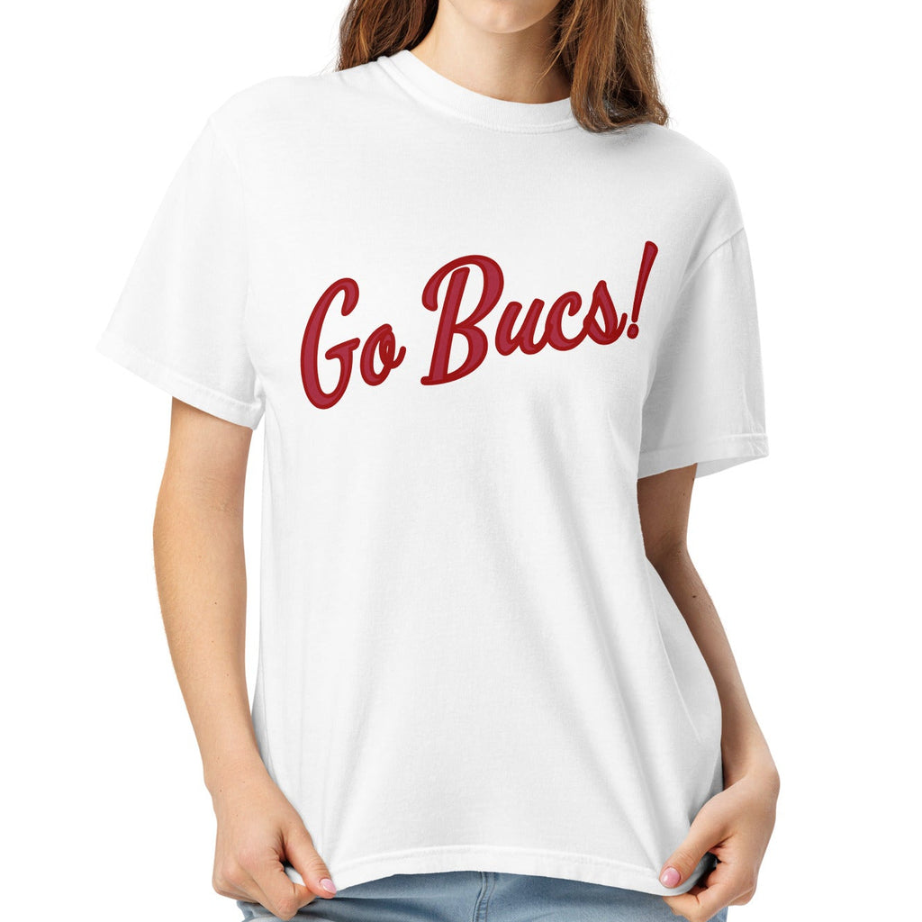 Person wearing a white t-shirt with 'Go Bucs!' text on a white background