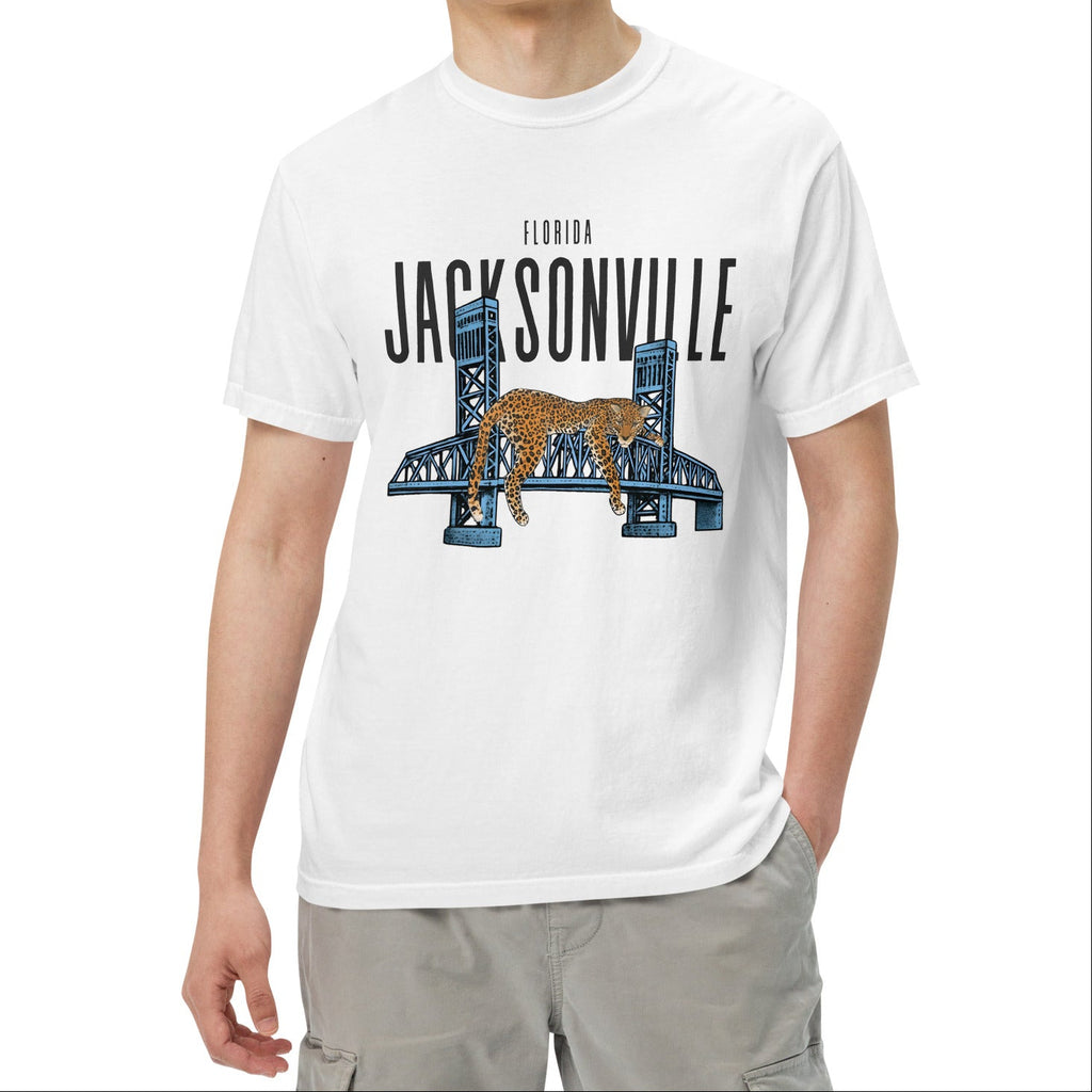 Person wearing a white t-shirt with 'Florida Jacksonville' design on a white background
