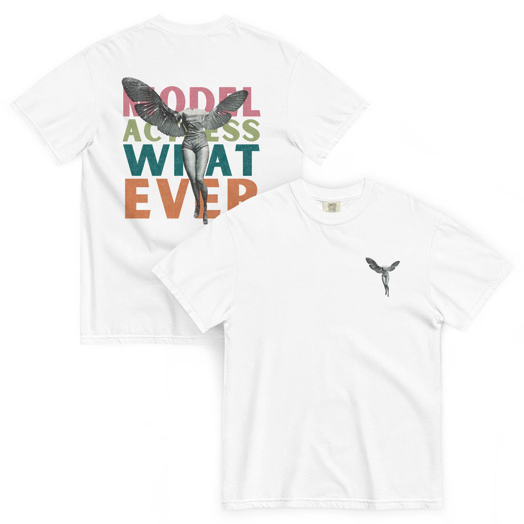 White t-shirt with a small winged figure on the top right and "MODEL ACTRESS WHATEVER" in large print on the back