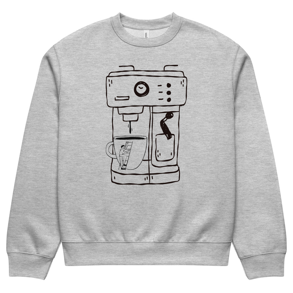 Gray sweatshirt with a black coffee machine graphic on a white background