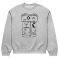 Gray sweatshirt with a black coffee machine graphic on a white background