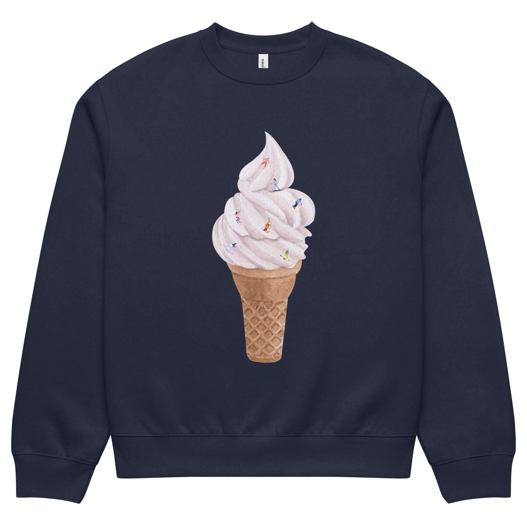 Navy blue sweatshirt with an ice cream cone design with skiers coming down 