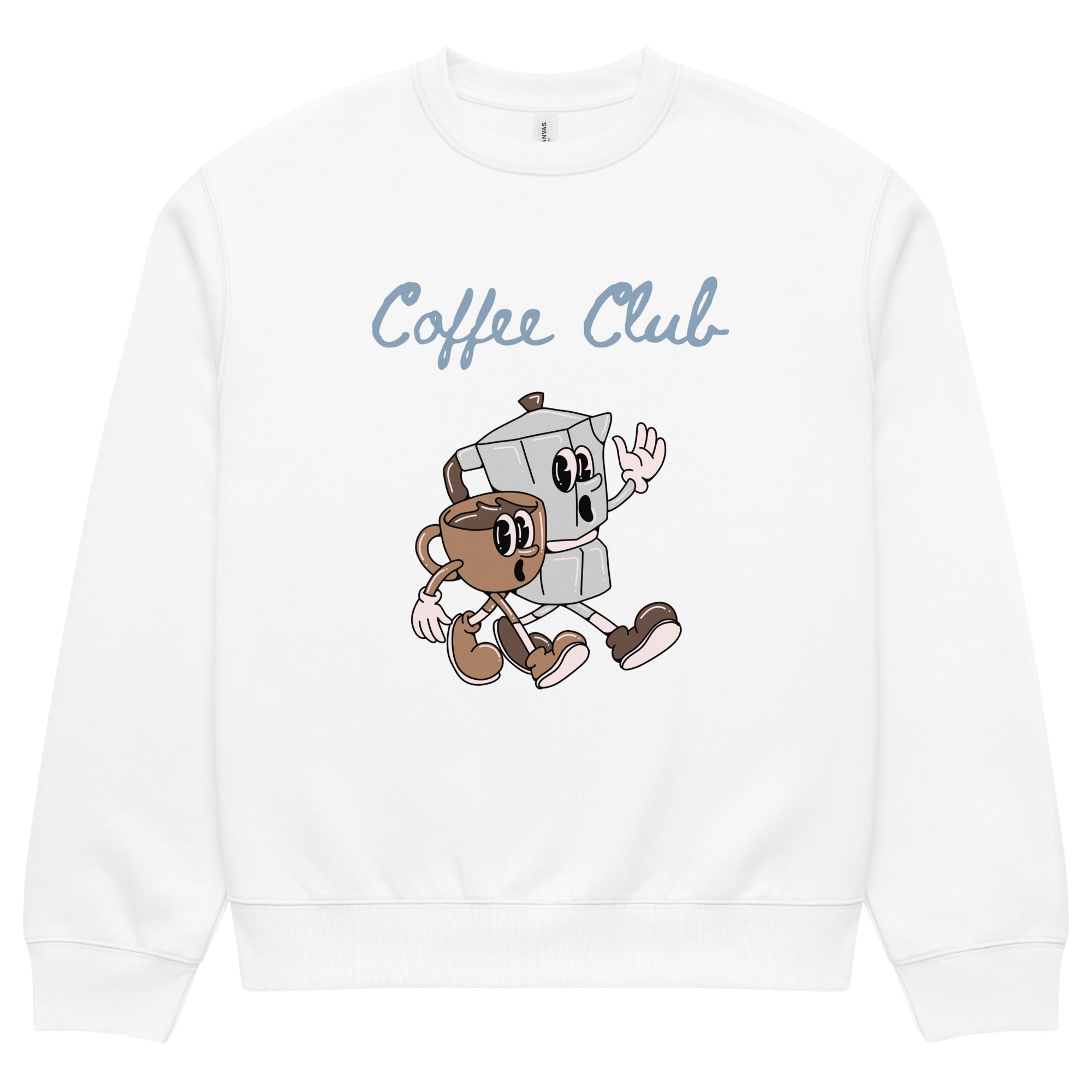 White sweatshirt with cartoon character and 'Coffee Club' text on a white background