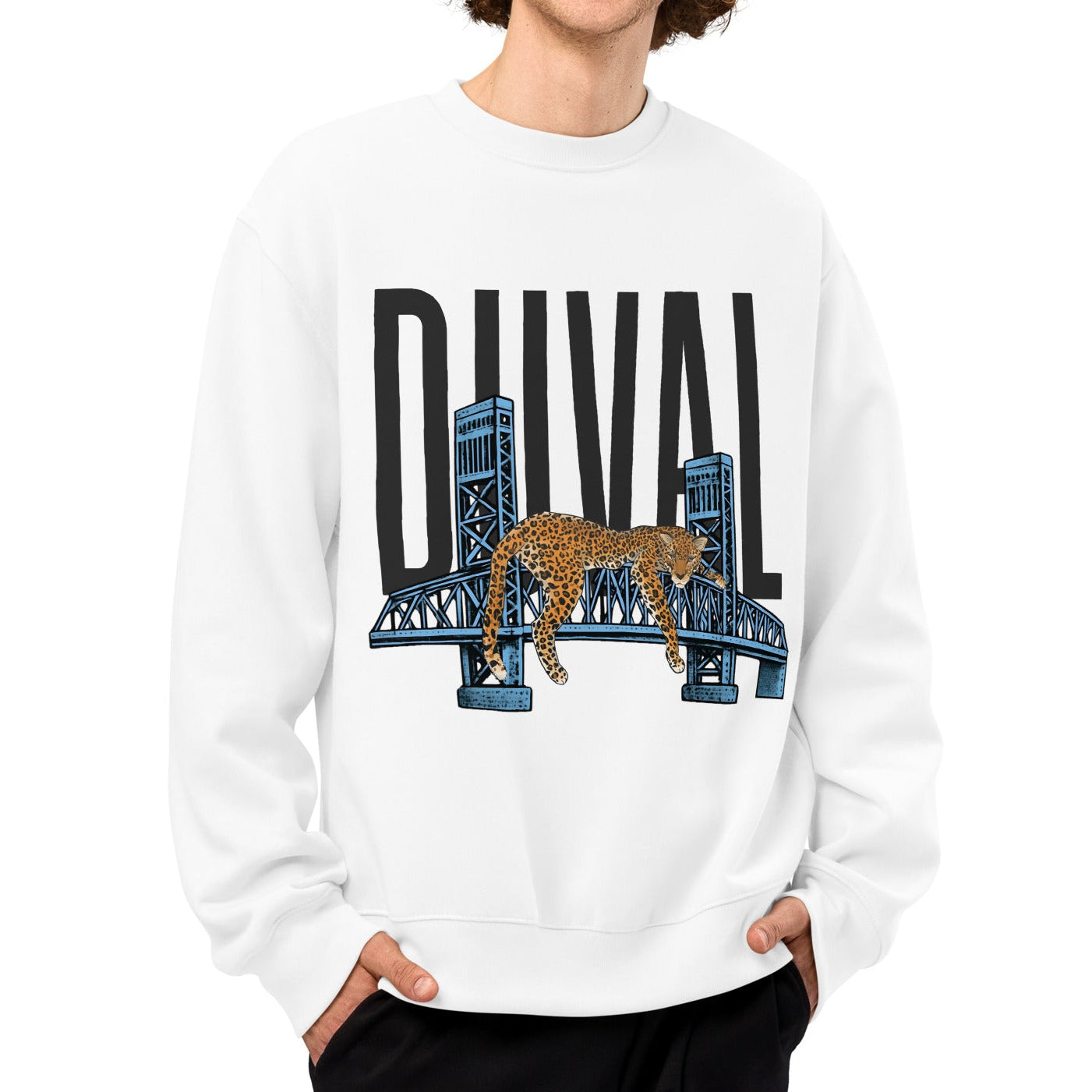 Person wearing a white sweatshirt with 'DUVAL' design on a white background