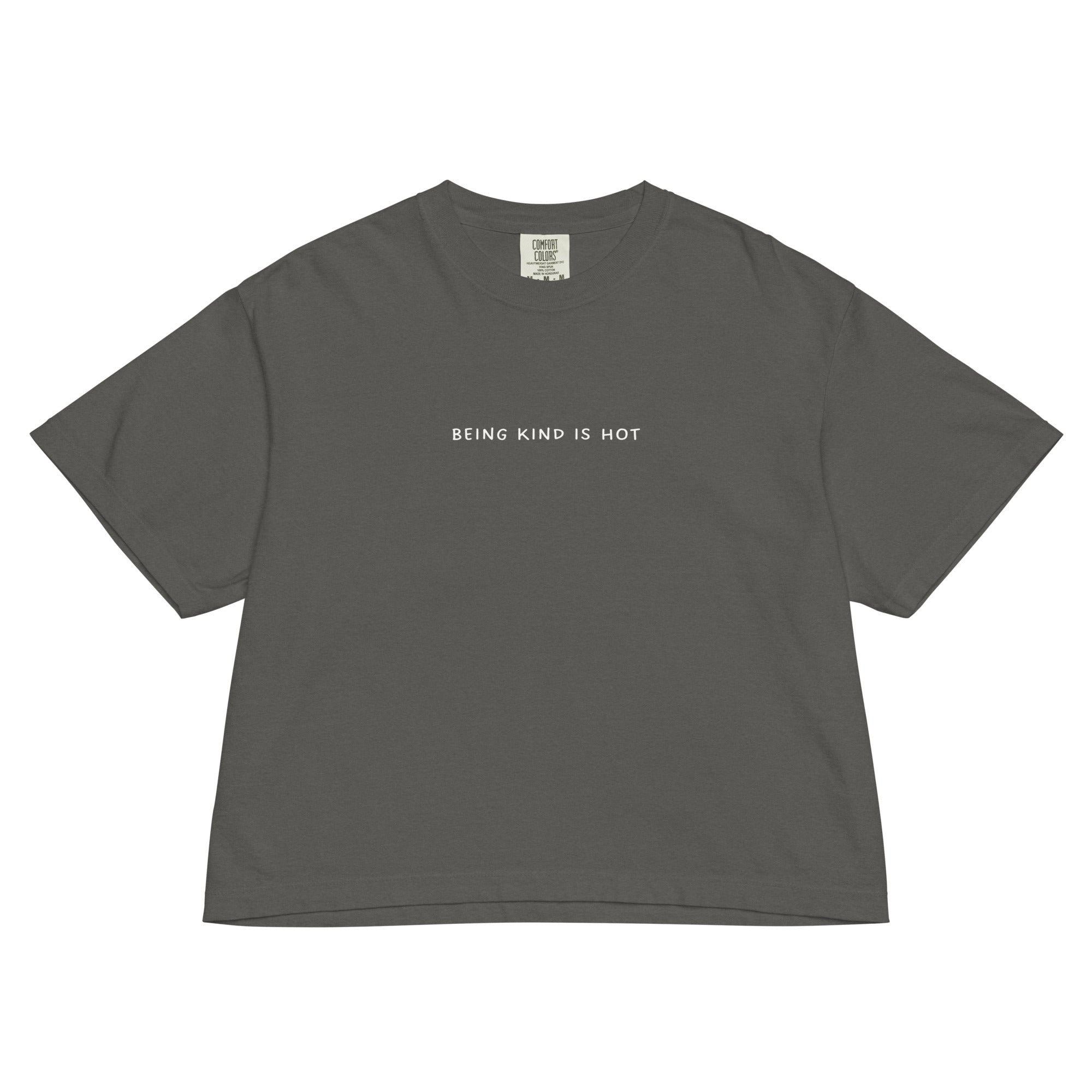 Gray t-shirt with 'BEING KIND IS HOT' text on a white background