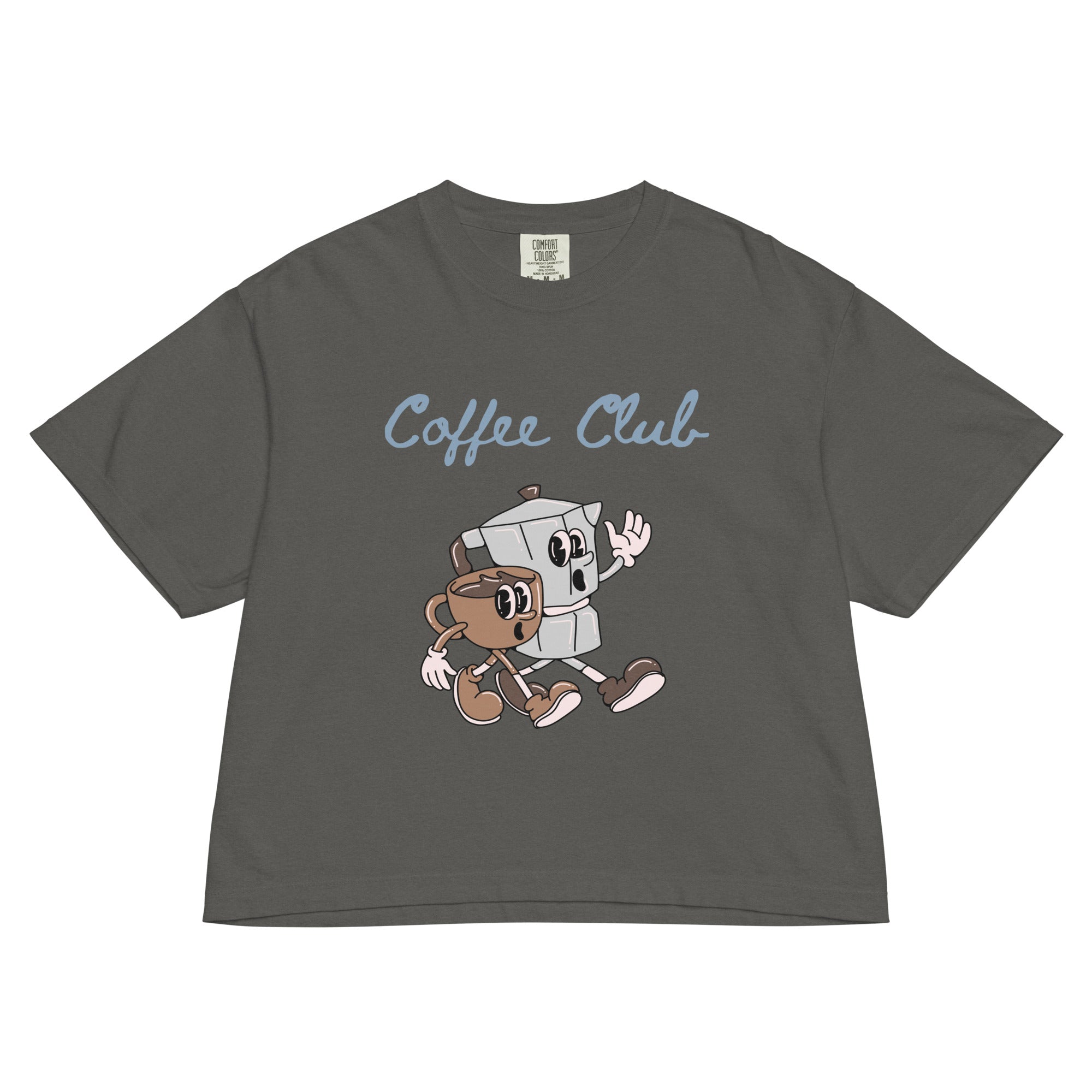 Gray t-shirt with cartoon character and 'Coffee Club' text on a white background