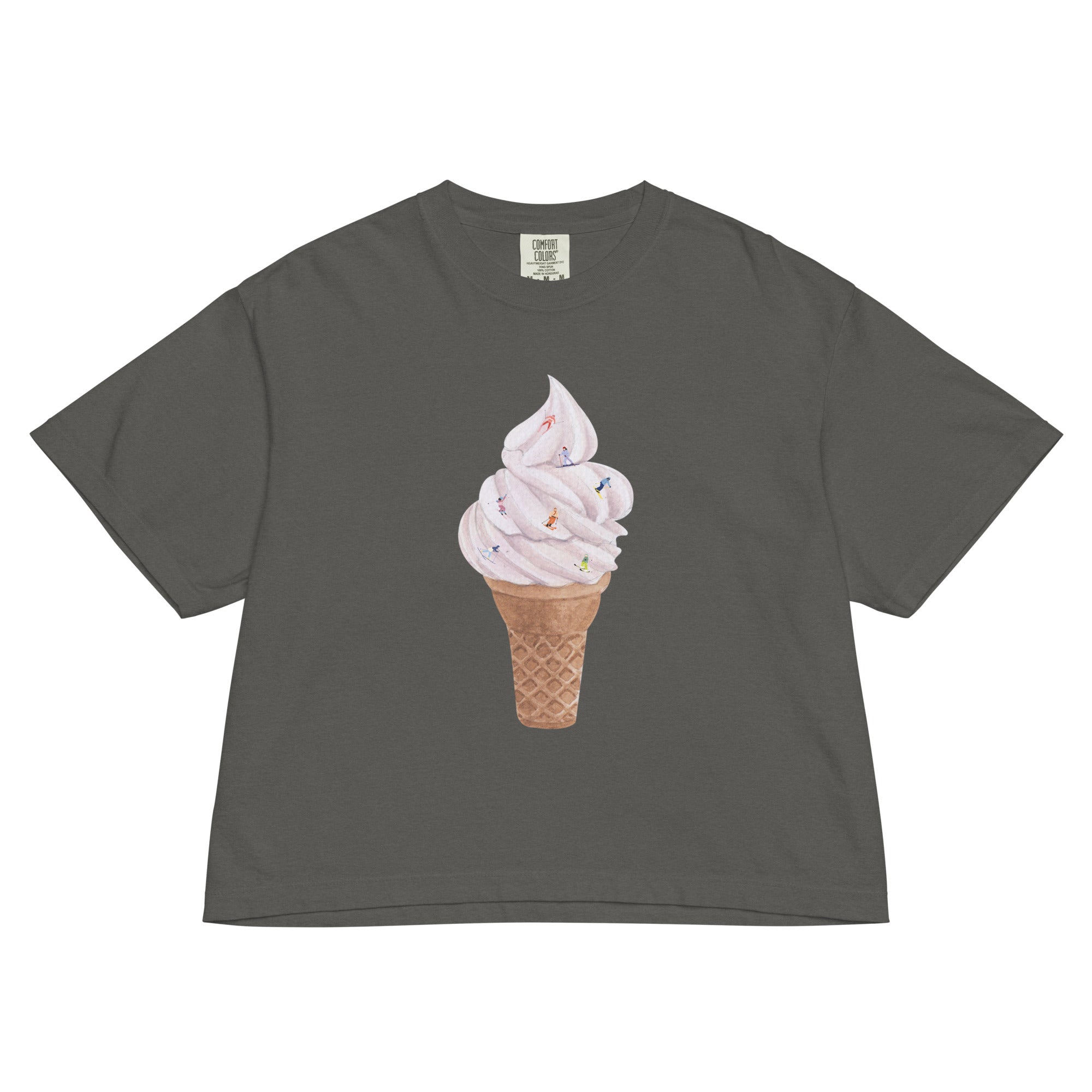 Gray t-shirt with an ice cream cone design with people skiing down it