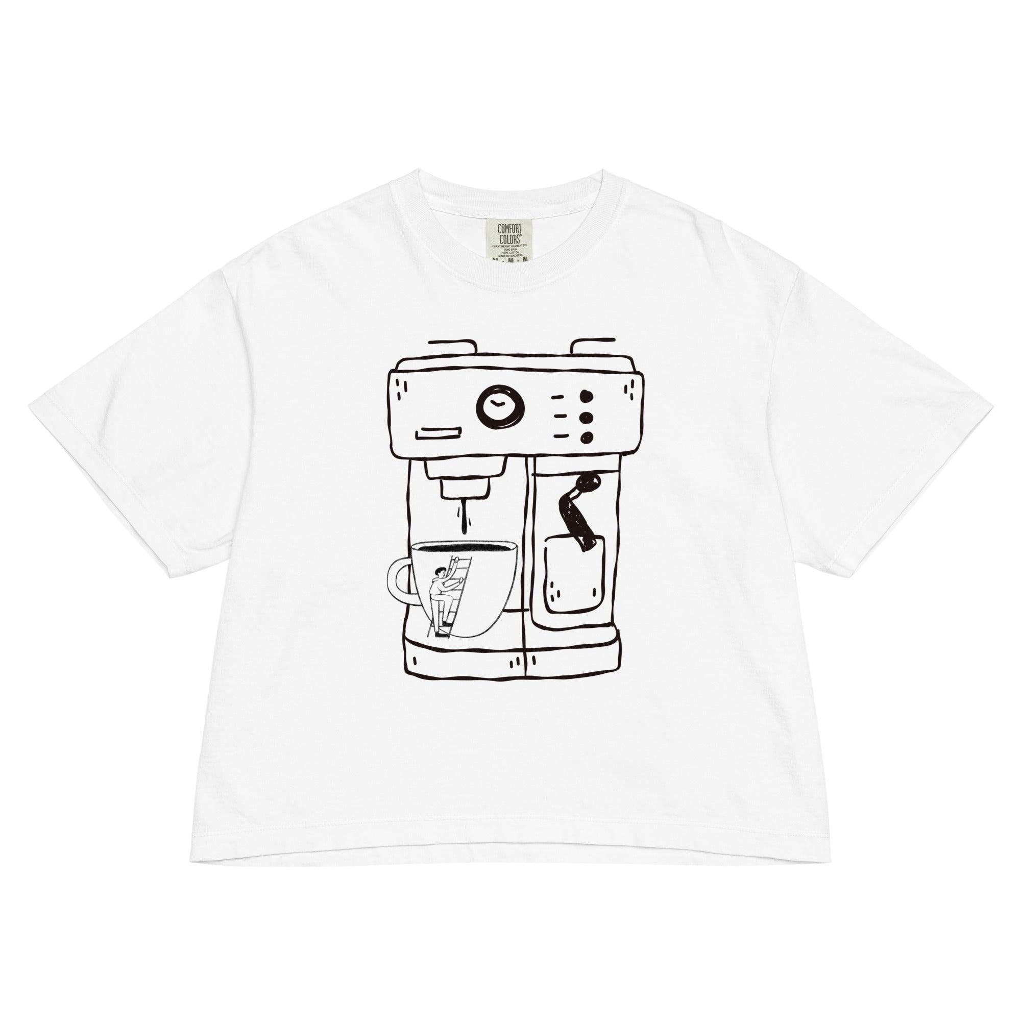 White t-shirt with a black coffee machine graphic on a white background