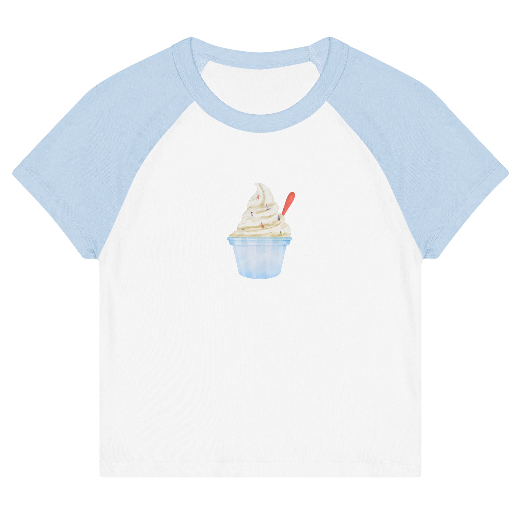 White t-shirt with light blue sleeves featuring an ice cream cone graphic with people skiing down it