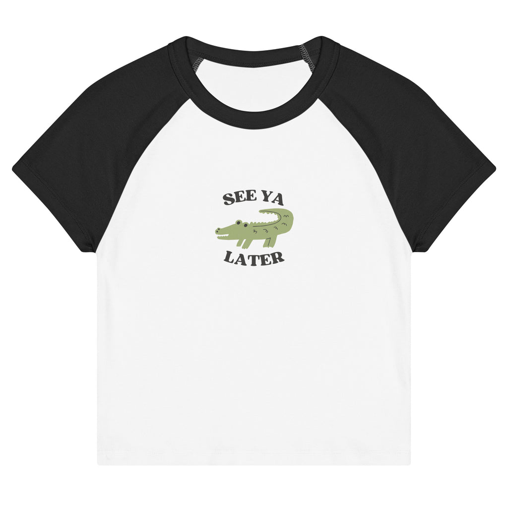 Black and white baseball shirt with alligator graphic and text on a white background