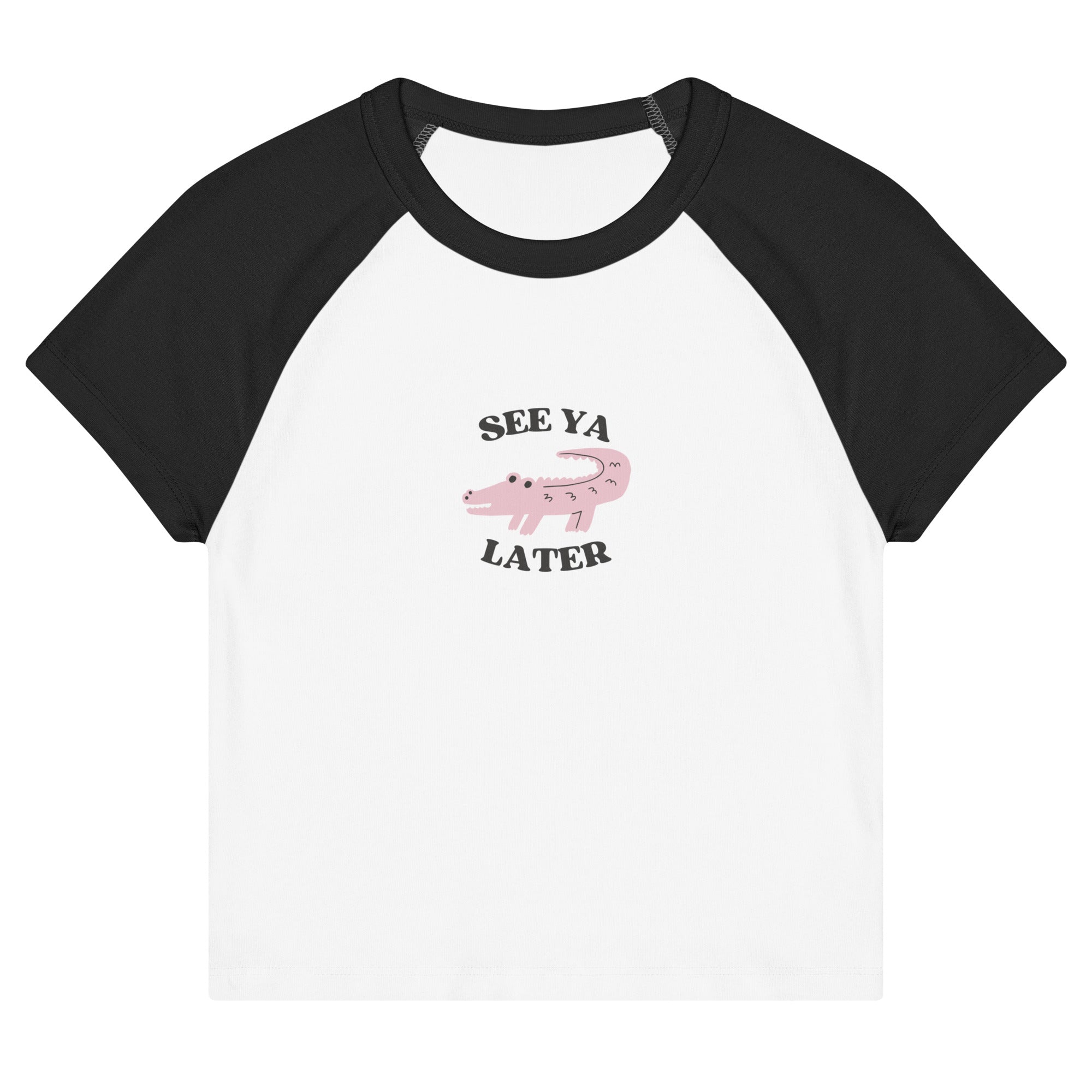 Black and white baseball shirt with pink alligator graphic and text on a white background