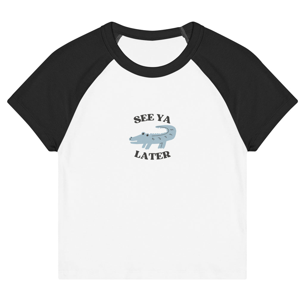 Black and white baseball shirt with alligator graphic and text on a white background