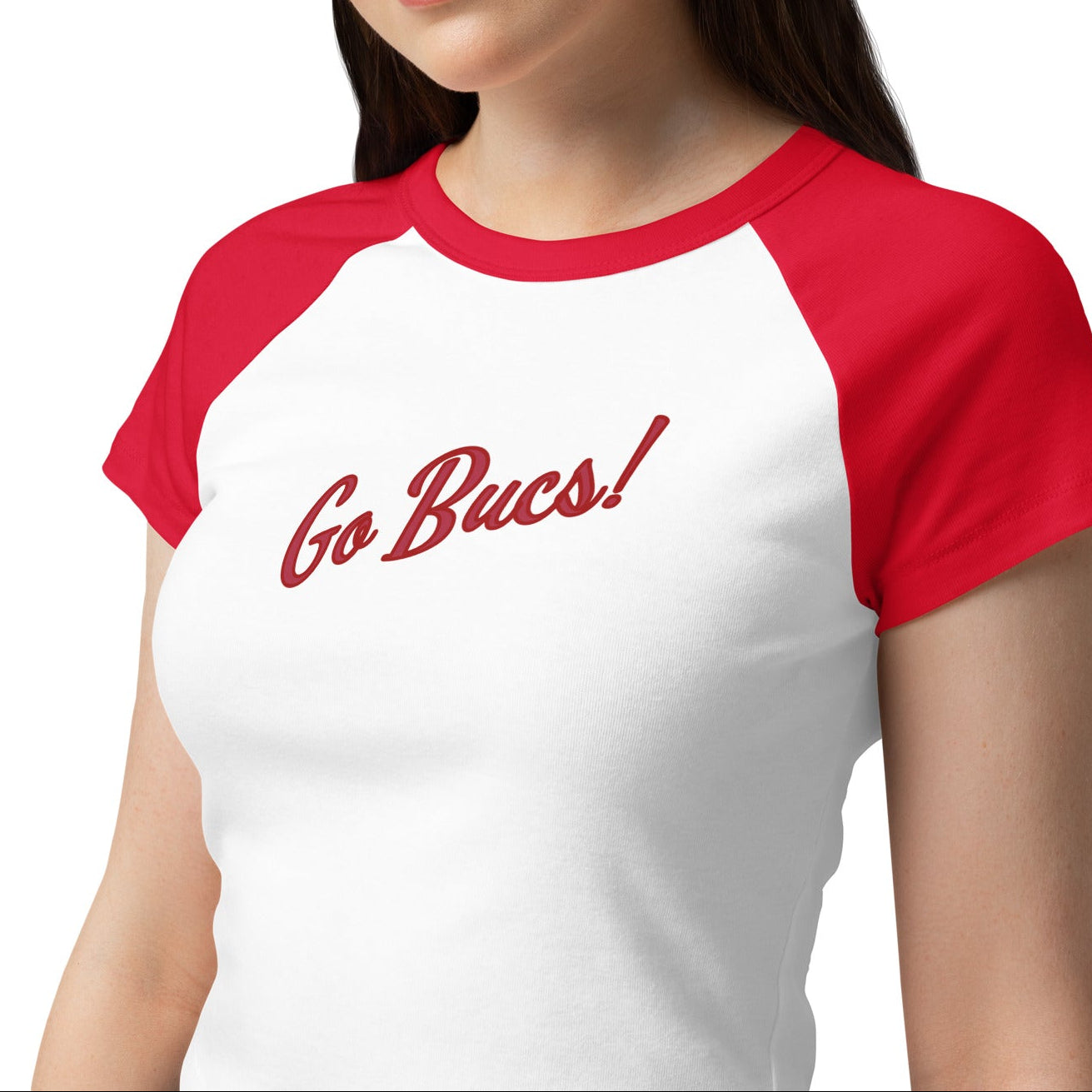 Woman wearing a white and red baseball shirt with 'Go Bucs!' text on a white background