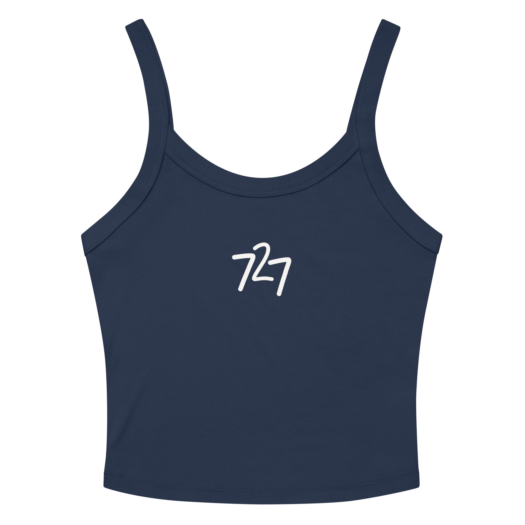 Navy tank top with "727" on a white background